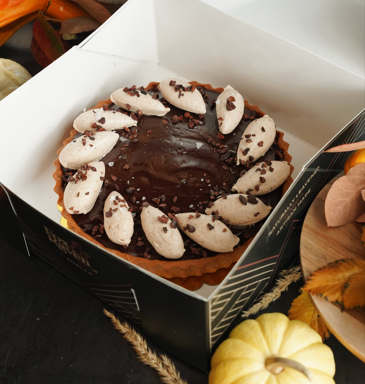 Dark Chocolate & Pumpkin Pie Tart with Spiced Buttercream & Toasted Cacao Nibs 8"