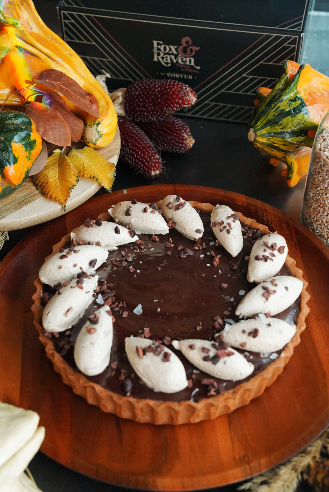 Dark Chocolate & Pumpkin Pie Tart with Spiced Buttercream & Toasted Cacao Nibs 8"