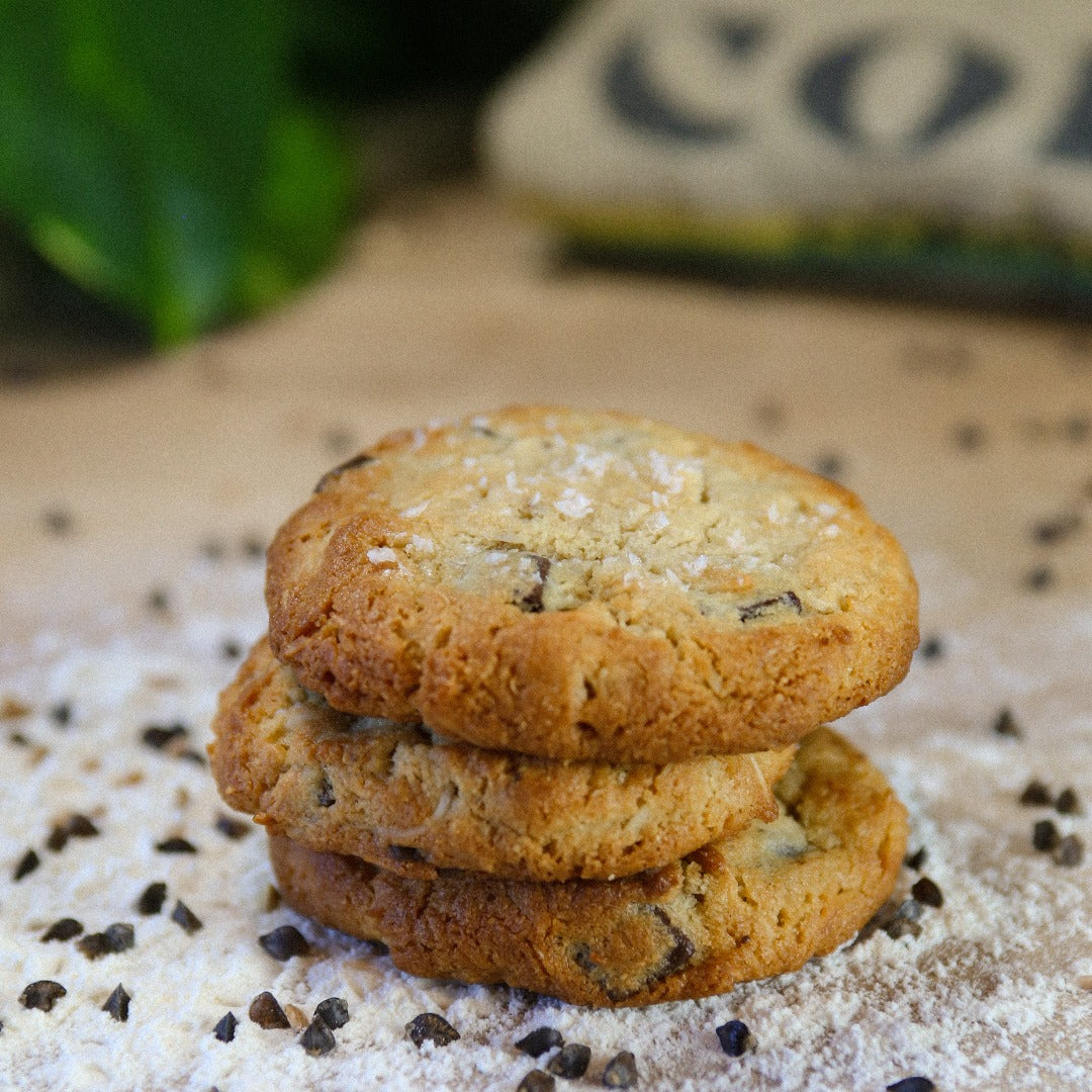 Gluten Free Coconut Chocolate Chip Cookies stacked on a bakers bench with flour.