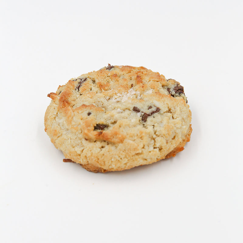 Gluten Free Coconut Chocolate Chip Cookie on a white background.
