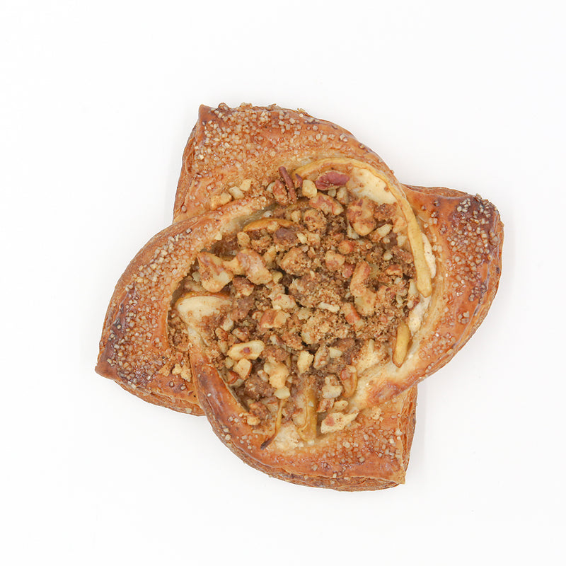 caramel Pear and goat cheese danish on a wooden plate